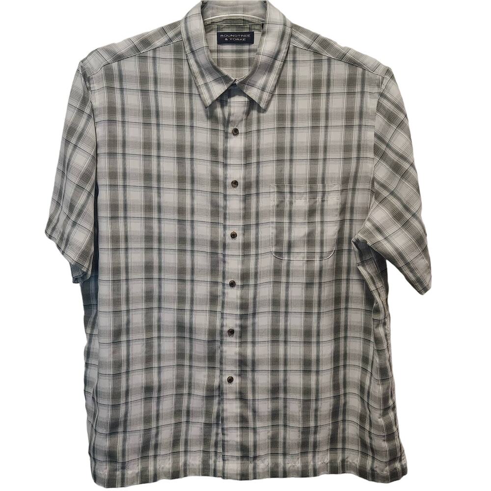 Rountree & Yorke Men Green/White Check Short-Sleeve Collared No-Tuck Shirt XL